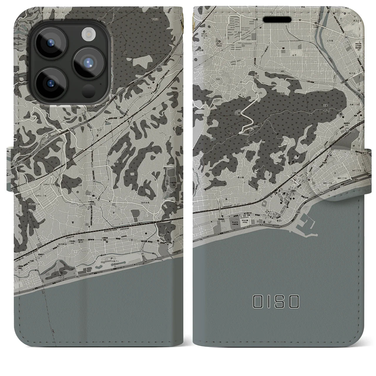 【大磯(神奈川県)】地図柄iPhoneケース(手帳タイプ)モノトーン・iPhone 15 Pro Max 用
