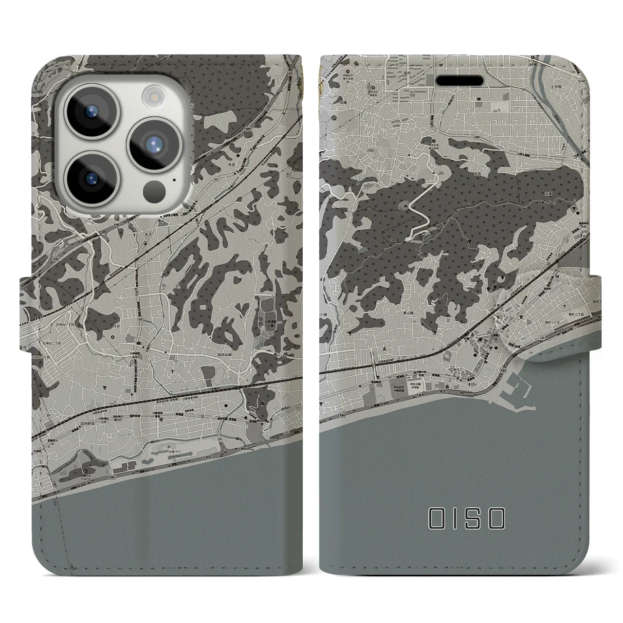 【大磯(神奈川県)】地図柄iPhoneケース(手帳タイプ)モノトーン・iPhone 15 Pro 用