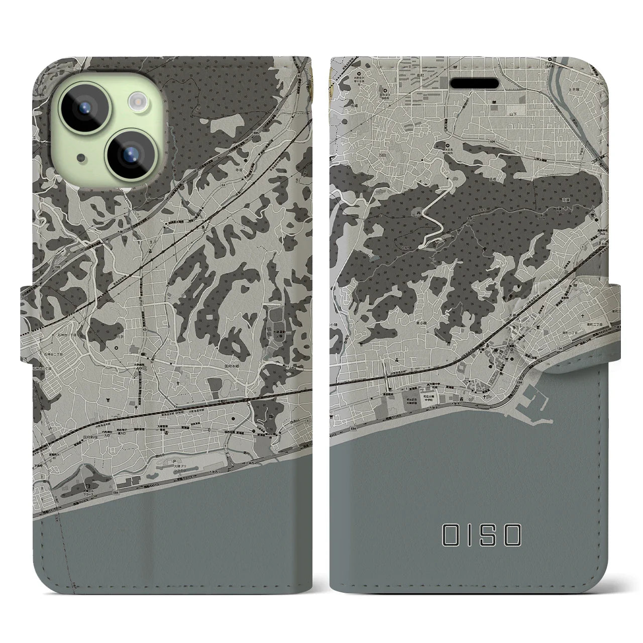 【大磯(神奈川県)】地図柄iPhoneケース(手帳タイプ)モノトーン・iPhone 15 用