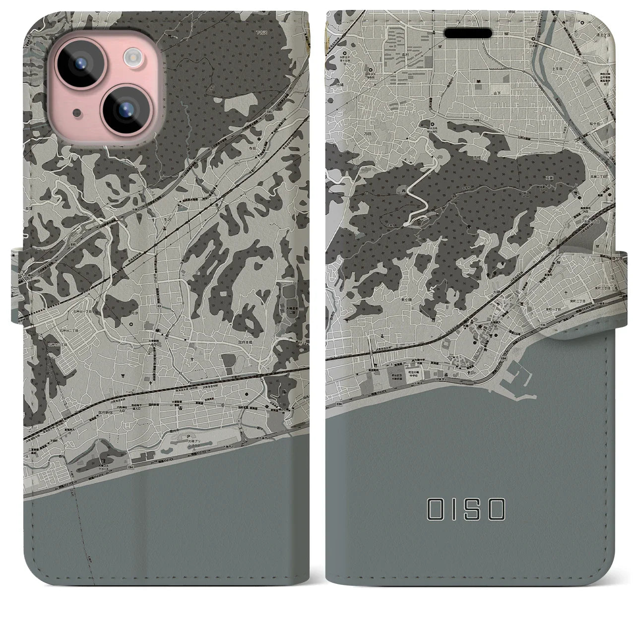 【大磯(神奈川県)】地図柄iPhoneケース(手帳タイプ)モノトーン・iPhone 15 Plus 用