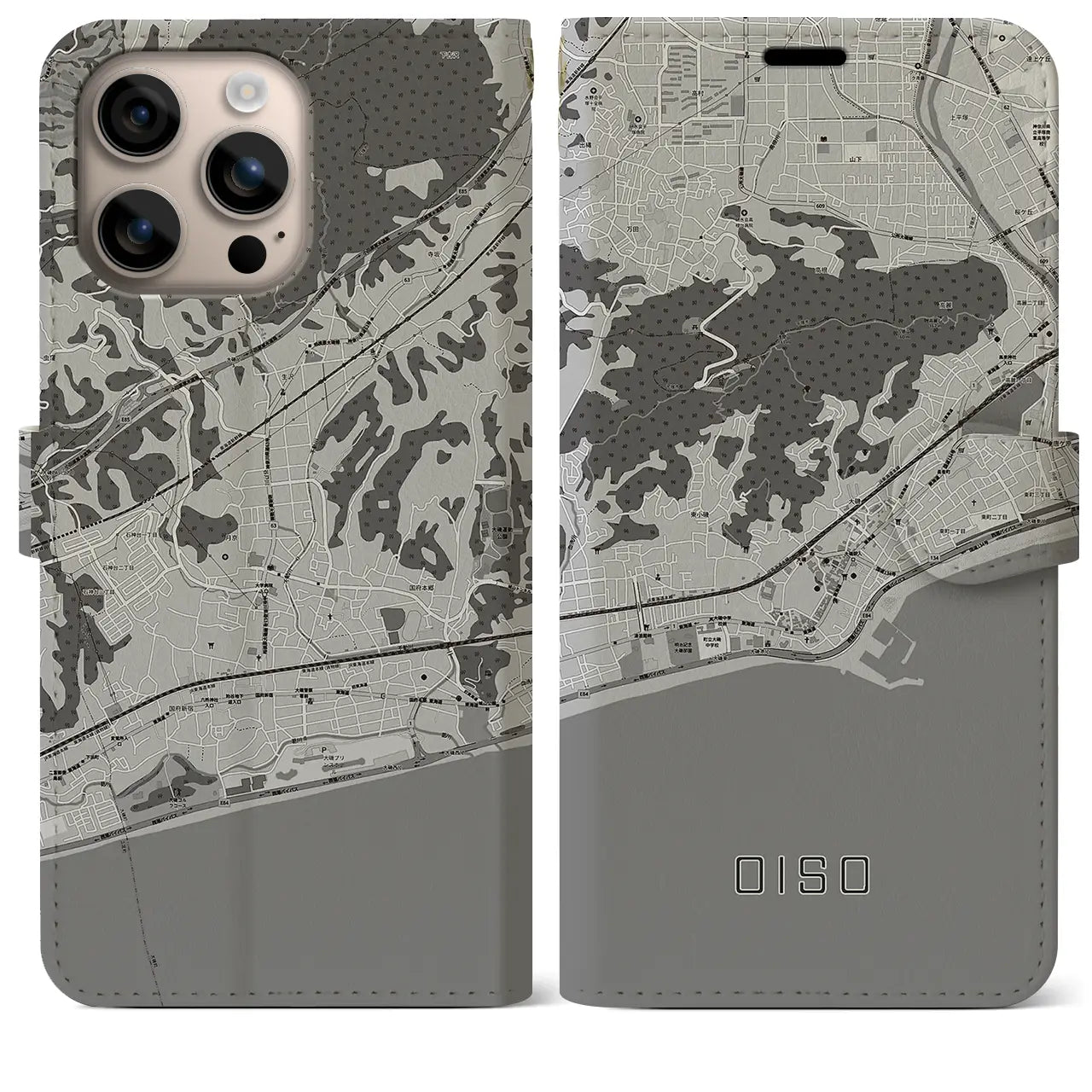 【大磯(神奈川県)】地図柄iPhoneケース(手帳タイプ)モノトーン・iPhone 16 Plus 用