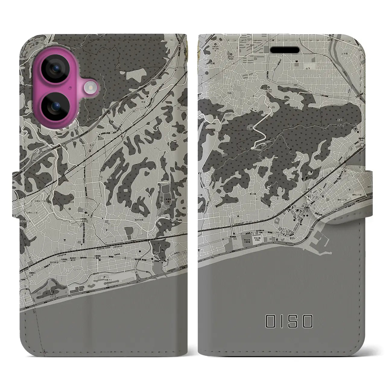【大磯(神奈川県)】地図柄iPhoneケース(手帳タイプ)モノトーン・iPhone 16 Pro 用