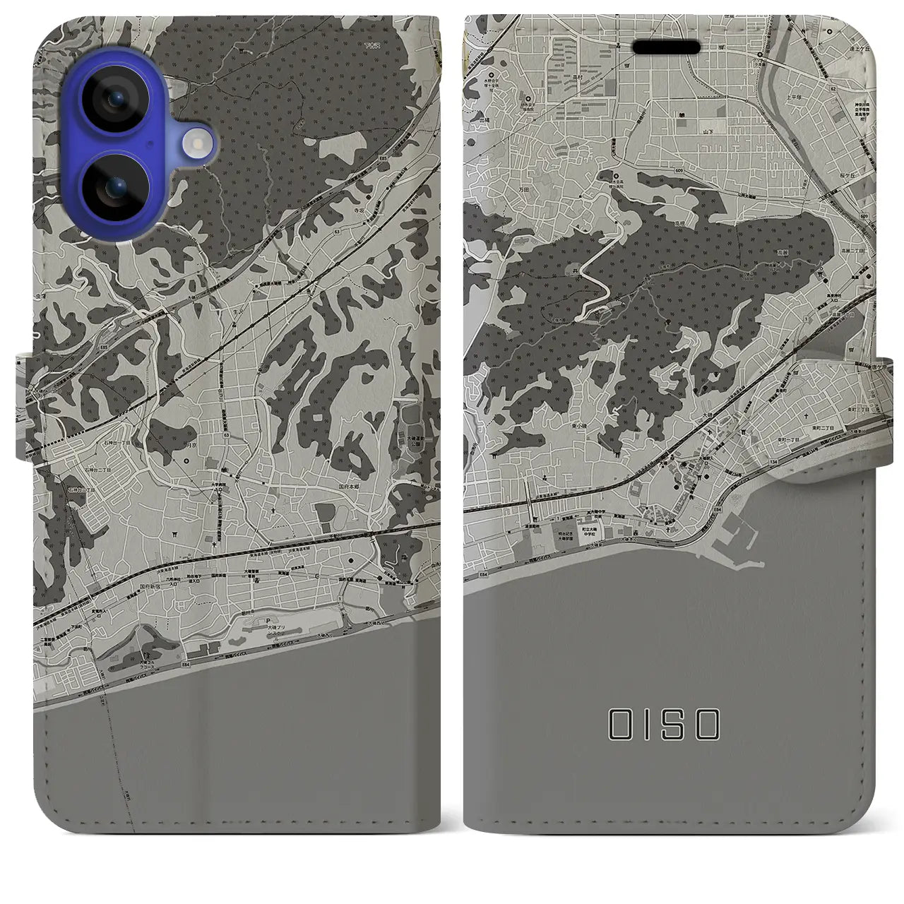 【大磯(神奈川県)】地図柄iPhoneケース(手帳タイプ)モノトーン・iPhone 16 Pro Max 用