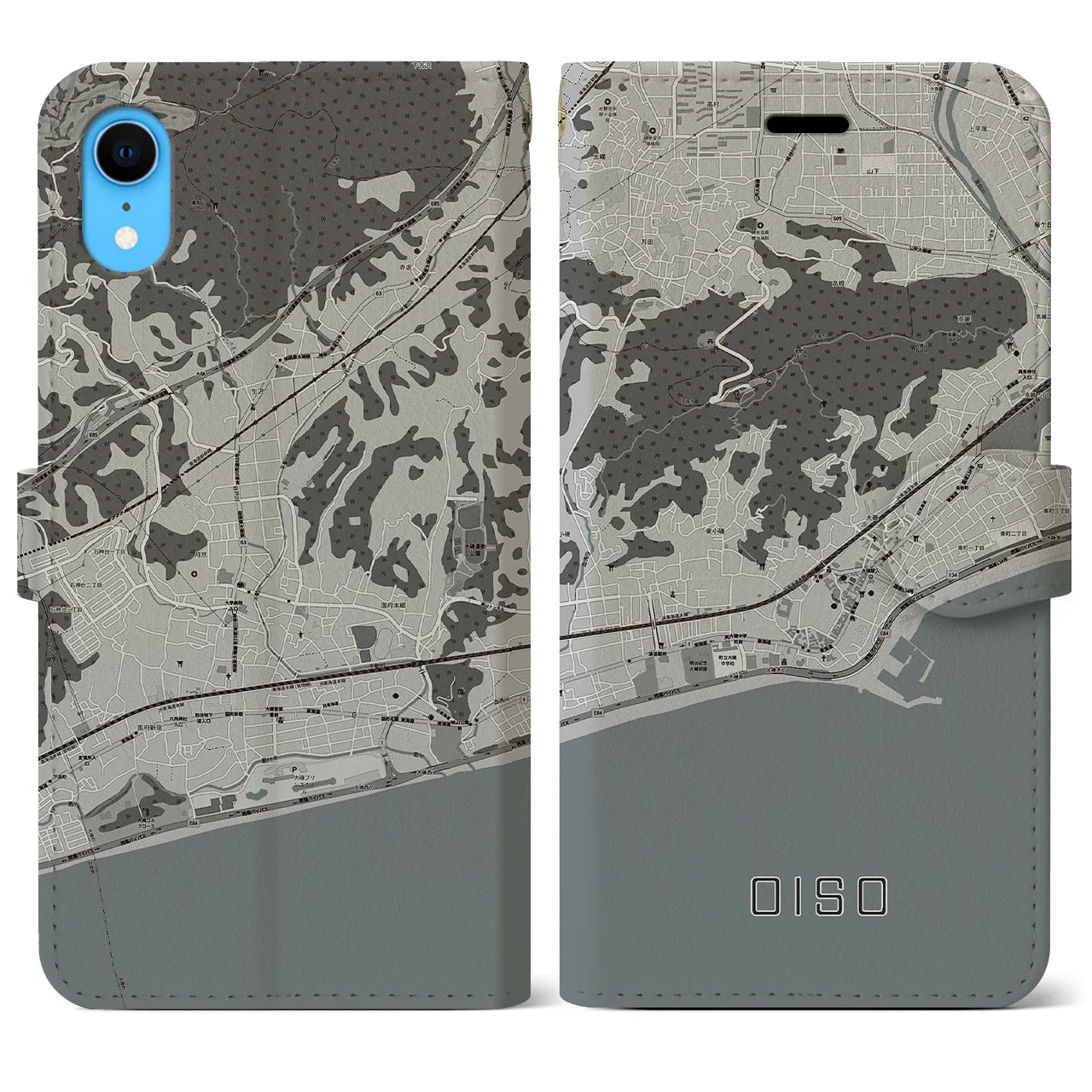 【大磯(神奈川県)】地図柄iPhoneケース(手帳タイプ)モノトーン・iPhone XR 用