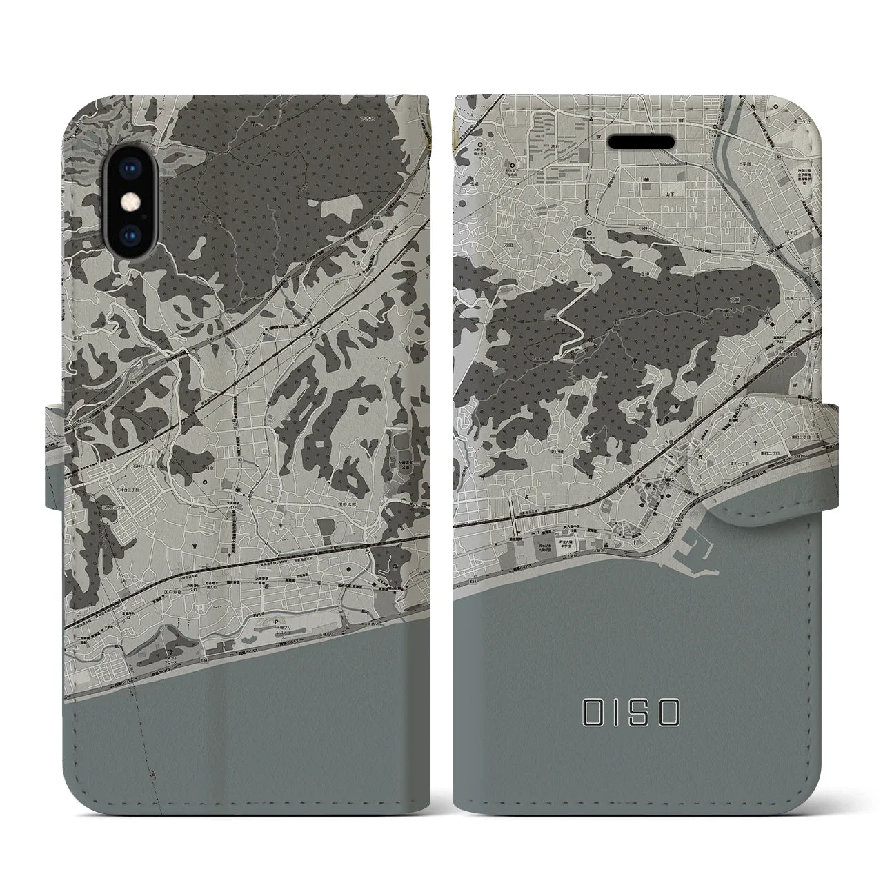 【大磯(神奈川県)】地図柄iPhoneケース(手帳タイプ)モノトーン・iPhone XS / X 用