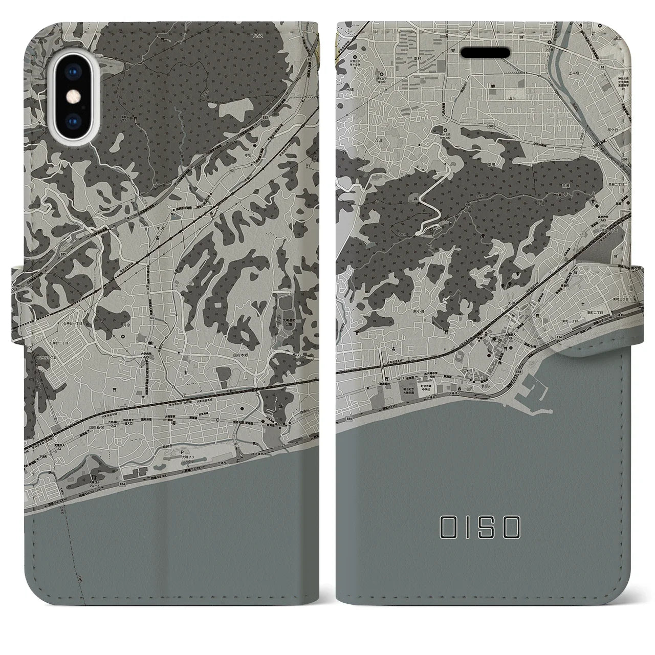 【大磯(神奈川県)】地図柄iPhoneケース(手帳タイプ)モノトーン・iPhone XS Max 用