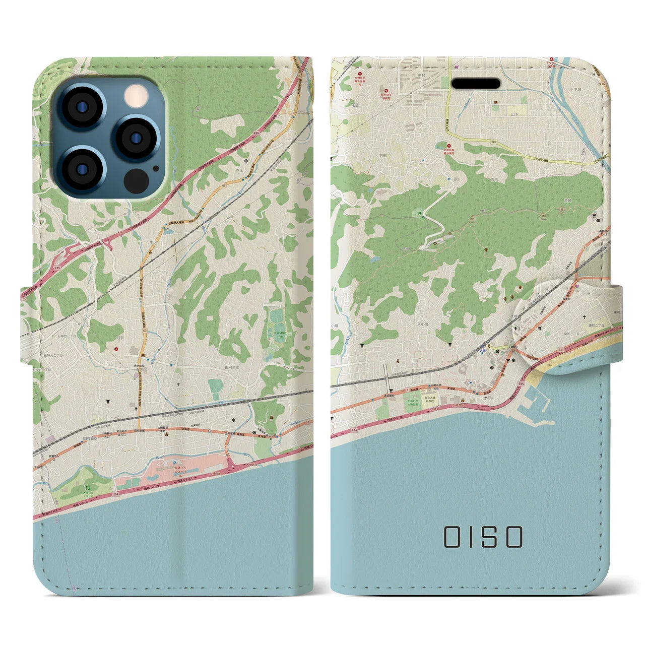 【大磯(神奈川県)】地図柄iPhoneケース(手帳タイプ)ナチュラル・iPhone 12 / 12 Pro 用