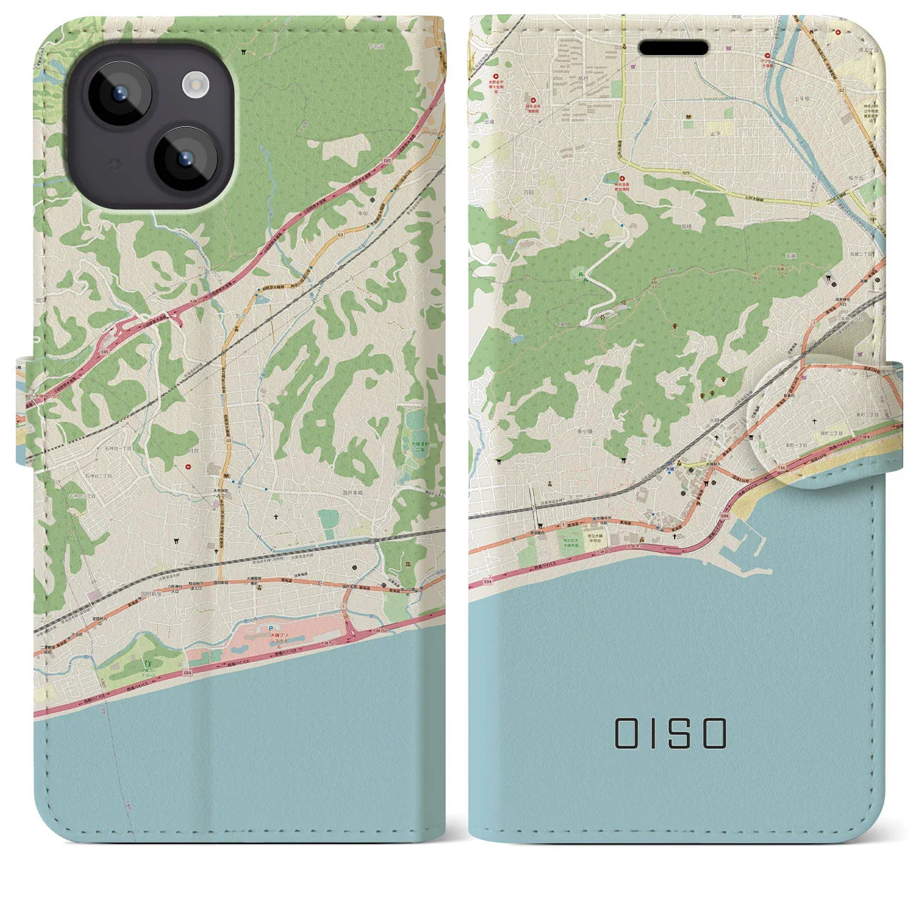 【大磯(神奈川県)】地図柄iPhoneケース(手帳タイプ)ナチュラル・iPhone 14 Plus 用