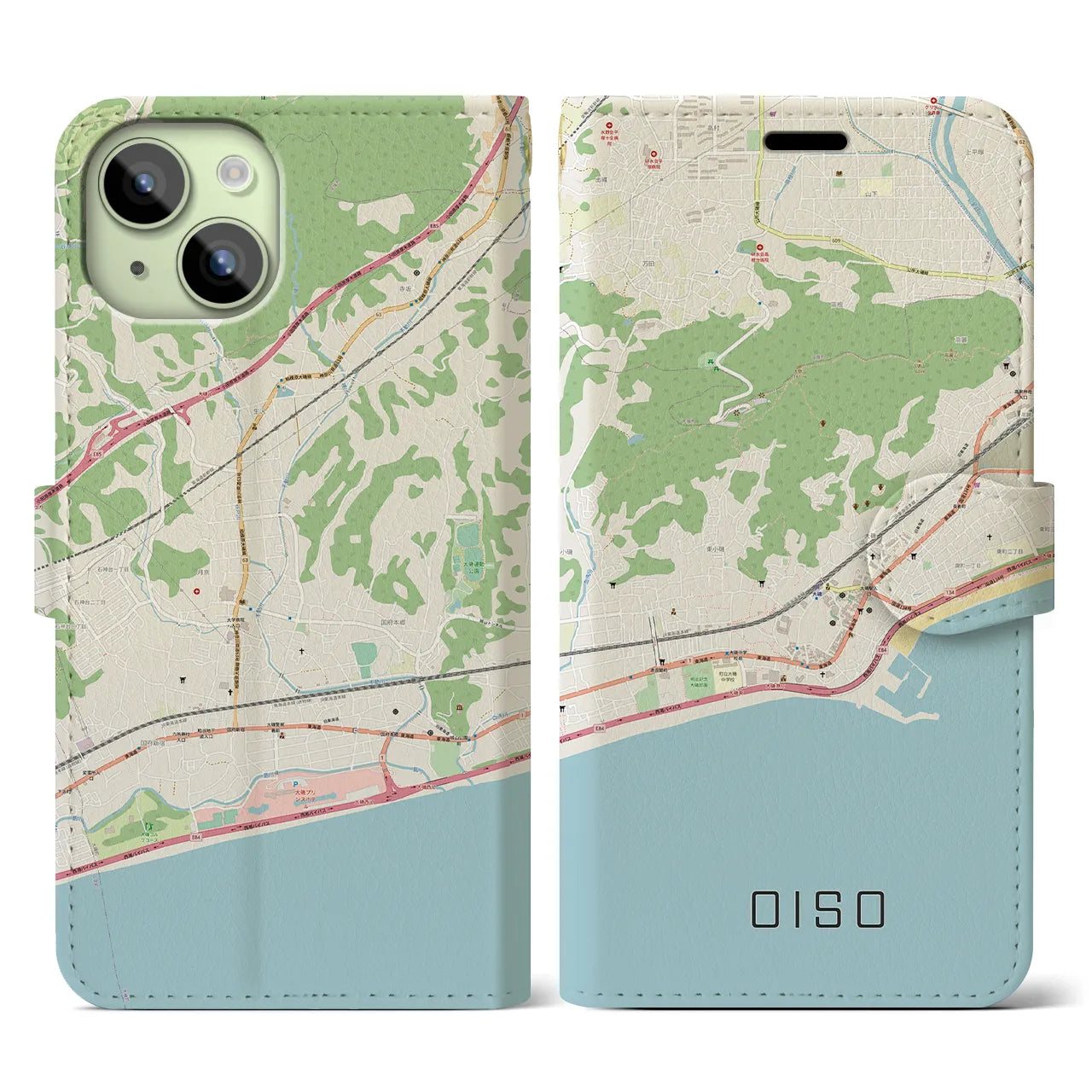 【大磯(神奈川県)】地図柄iPhoneケース(手帳タイプ)ナチュラル・iPhone 15 用