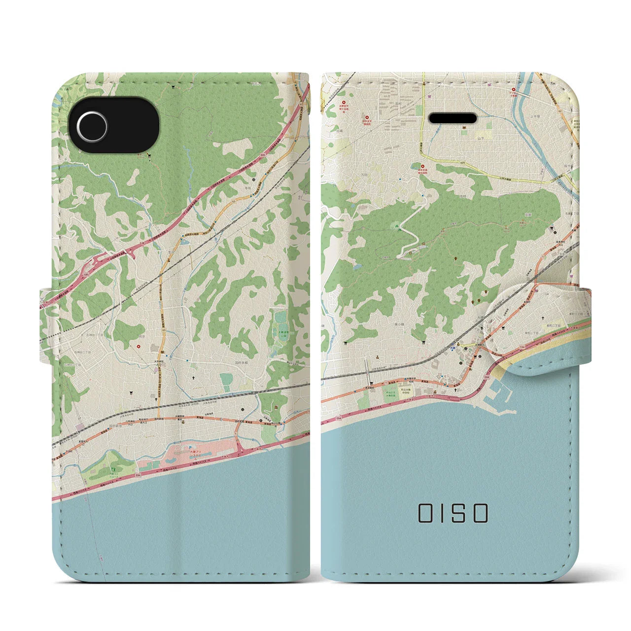 【大磯(神奈川県)】地図柄iPhoneケース(手帳タイプ)ナチュラル・iPhone SE(第3 / 第2世代) / 8 / 7 / 6s / 6 用