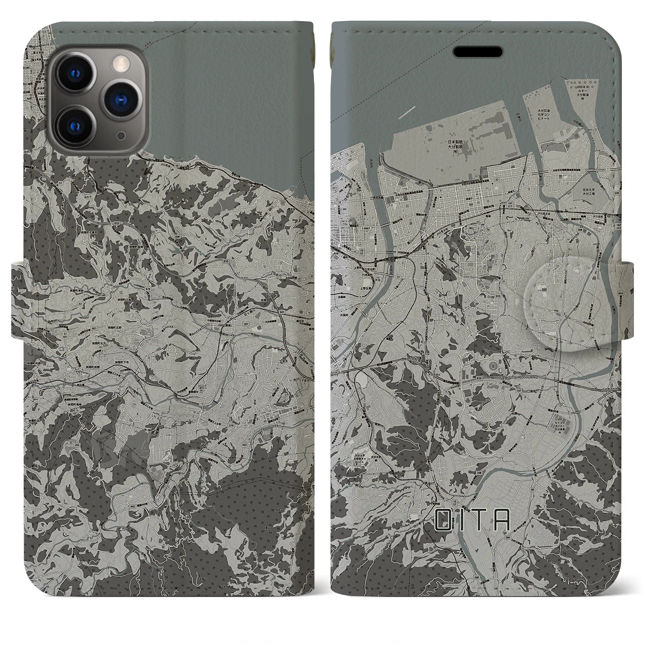【大分(大分県)】地図柄iPhoneケース(手帳タイプ)モノトーン・iPhone 11 Pro Max 用