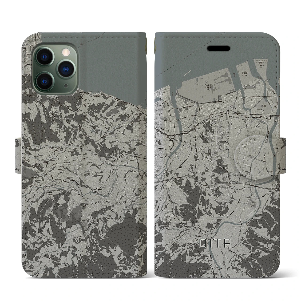 【大分(大分県)】地図柄iPhoneケース(手帳タイプ)モノトーン・iPhone 11 Pro 用