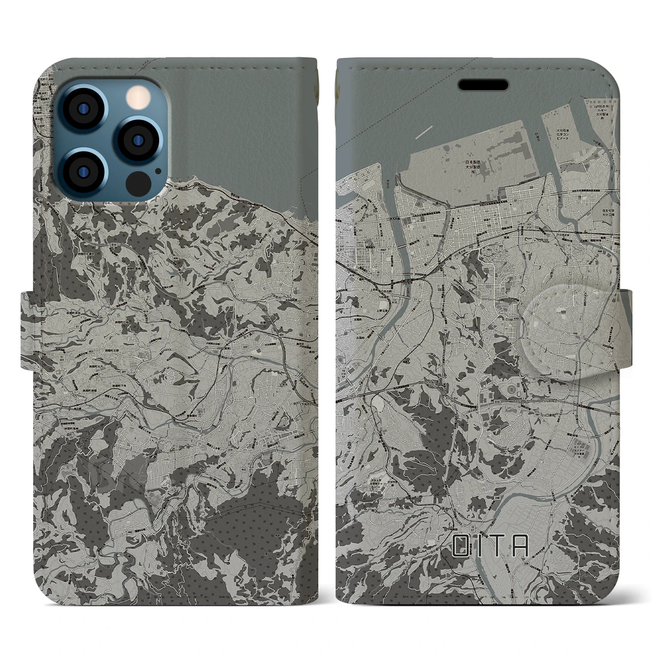 【大分(大分県)】地図柄iPhoneケース(手帳タイプ)モノトーン・iPhone 12 / 12 Pro 用