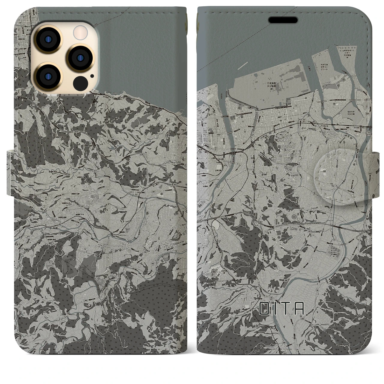 【大分(大分県)】地図柄iPhoneケース(手帳タイプ)モノトーン・iPhone 12 Pro Max 用