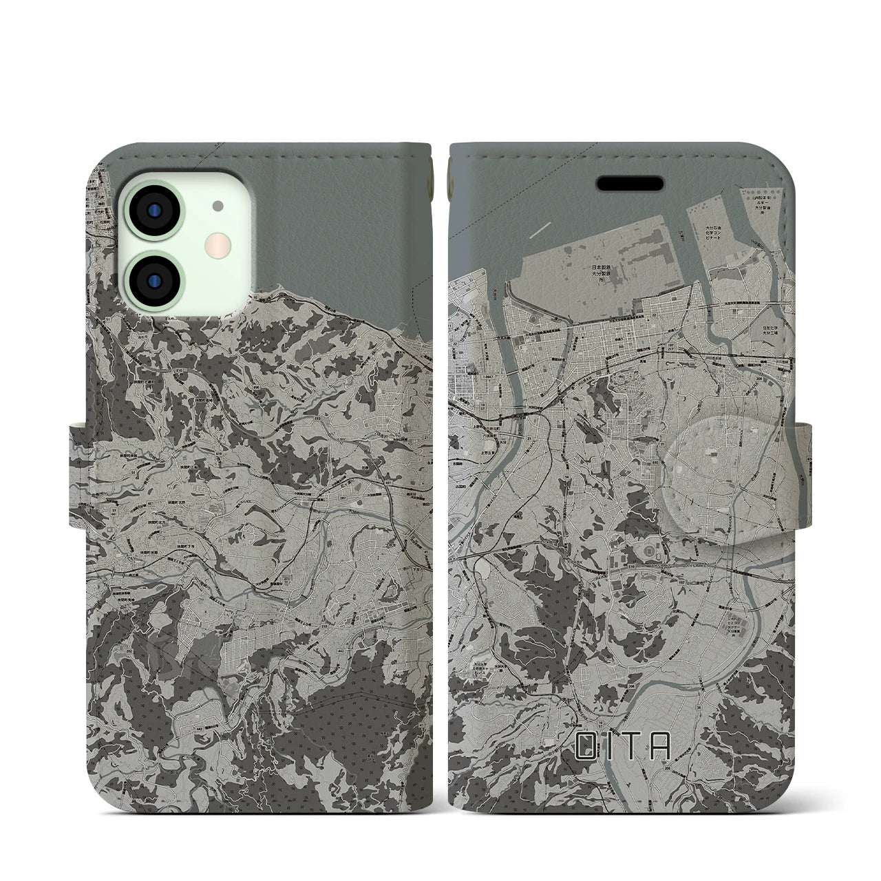 【大分(大分県)】地図柄iPhoneケース(手帳タイプ)モノトーン・iPhone 12 mini 用
