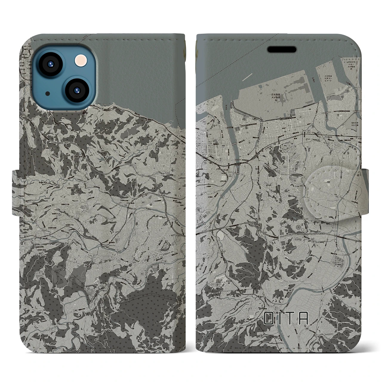 【大分(大分県)】地図柄iPhoneケース(手帳タイプ)モノトーン・iPhone 13 用