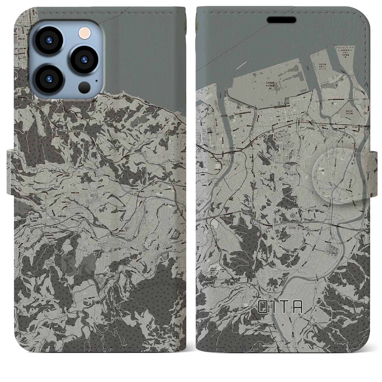 【大分(大分県)】地図柄iPhoneケース(手帳タイプ)モノトーン・iPhone 13 Pro Max 用