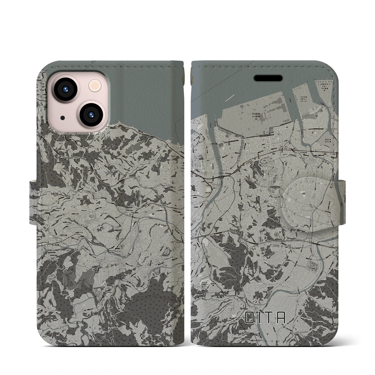 【大分(大分県)】地図柄iPhoneケース(手帳タイプ)モノトーン・iPhone 13 mini 用