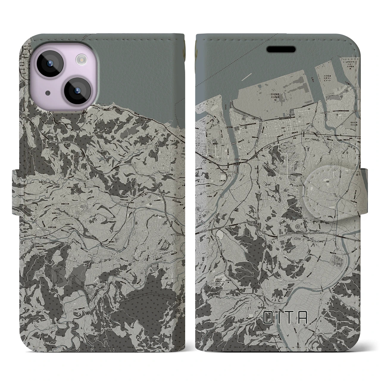 【大分(大分県)】地図柄iPhoneケース(手帳タイプ)モノトーン・iPhone 14 用