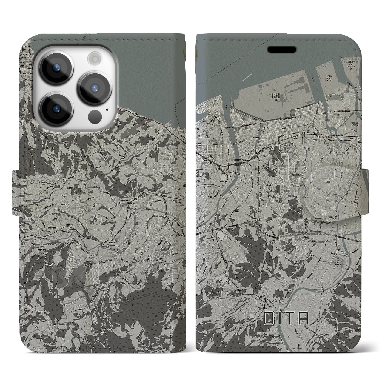 【大分(大分県)】地図柄iPhoneケース(手帳タイプ)モノトーン・iPhone 14 Pro 用