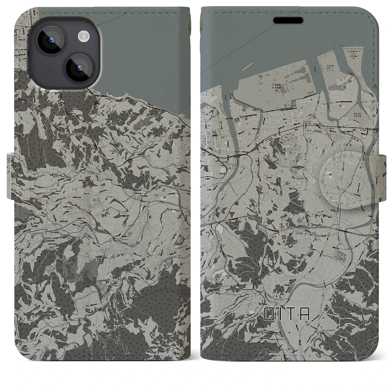 【大分(大分県)】地図柄iPhoneケース(手帳タイプ)モノトーン・iPhone 14 Plus 用