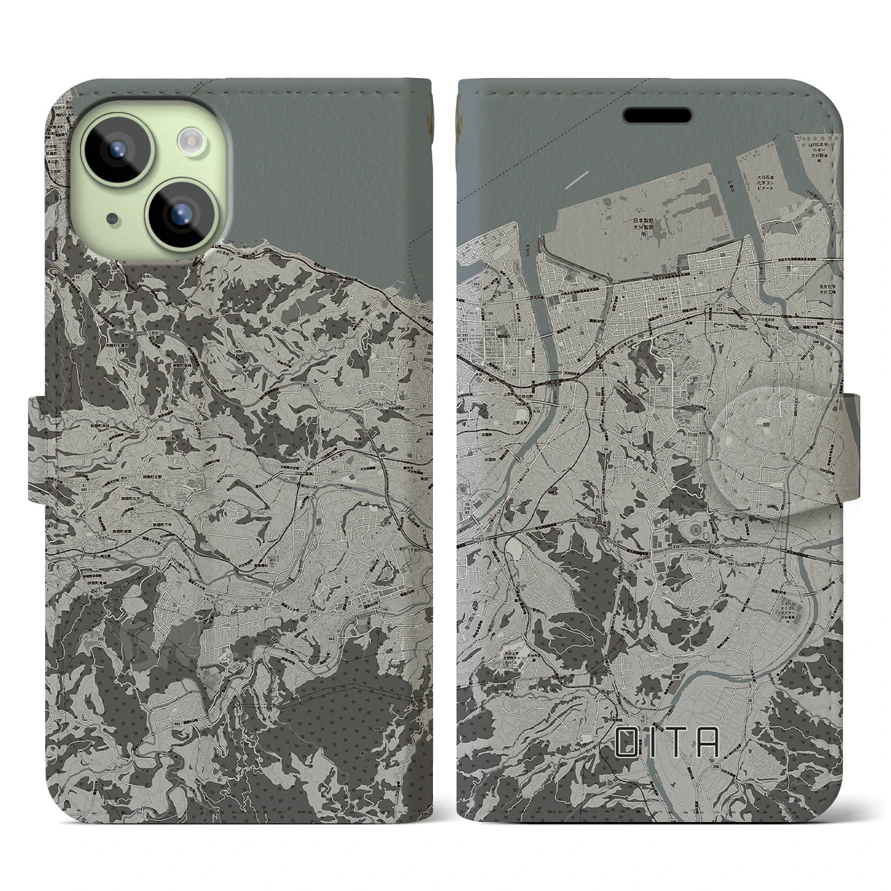 【大分(大分県)】地図柄iPhoneケース(手帳タイプ)モノトーン・iPhone 15 用