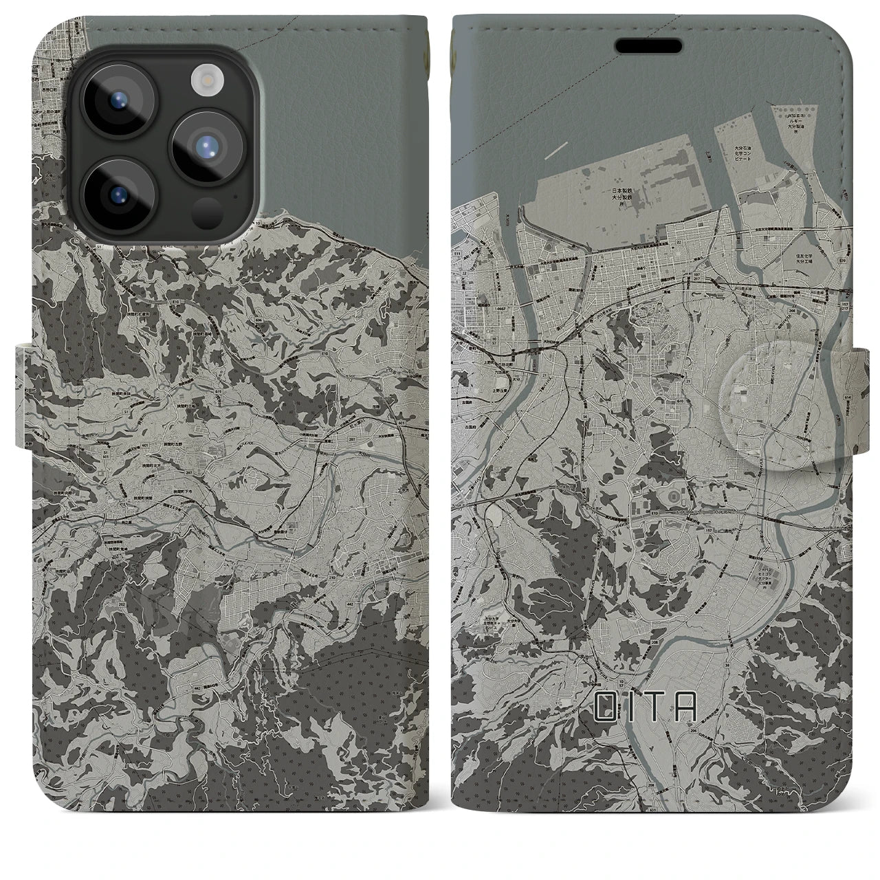 【大分(大分県)】地図柄iPhoneケース(手帳タイプ)モノトーン・iPhone 15 Pro Max 用