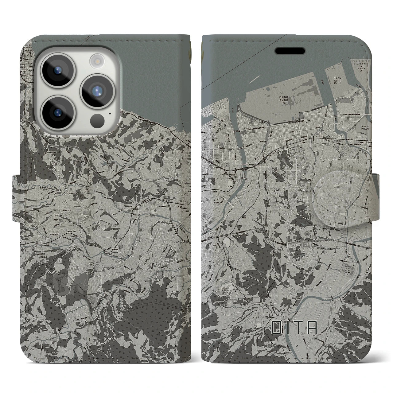 【大分(大分県)】地図柄iPhoneケース(手帳タイプ)モノトーン・iPhone 15 Pro 用