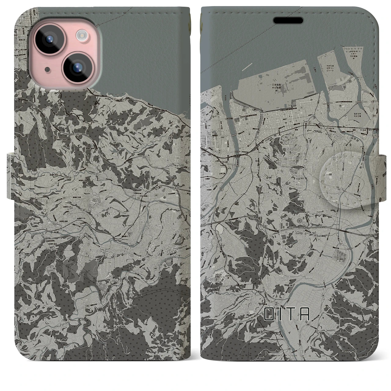 【大分(大分県)】地図柄iPhoneケース(手帳タイプ)モノトーン・iPhone 15 Plus 用