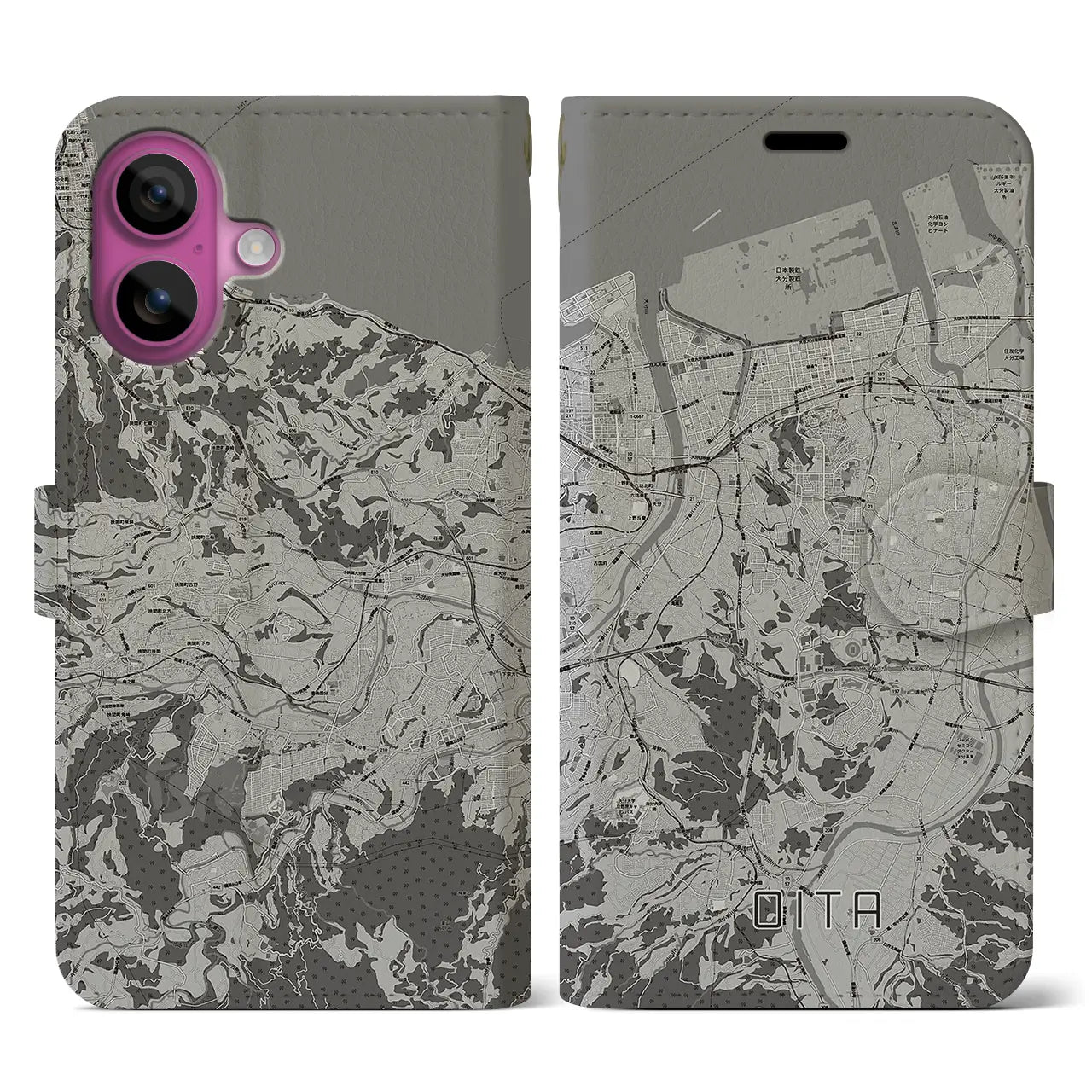 【大分(大分県)】地図柄iPhoneケース(手帳タイプ)モノトーン・iPhone 16 Pro 用
