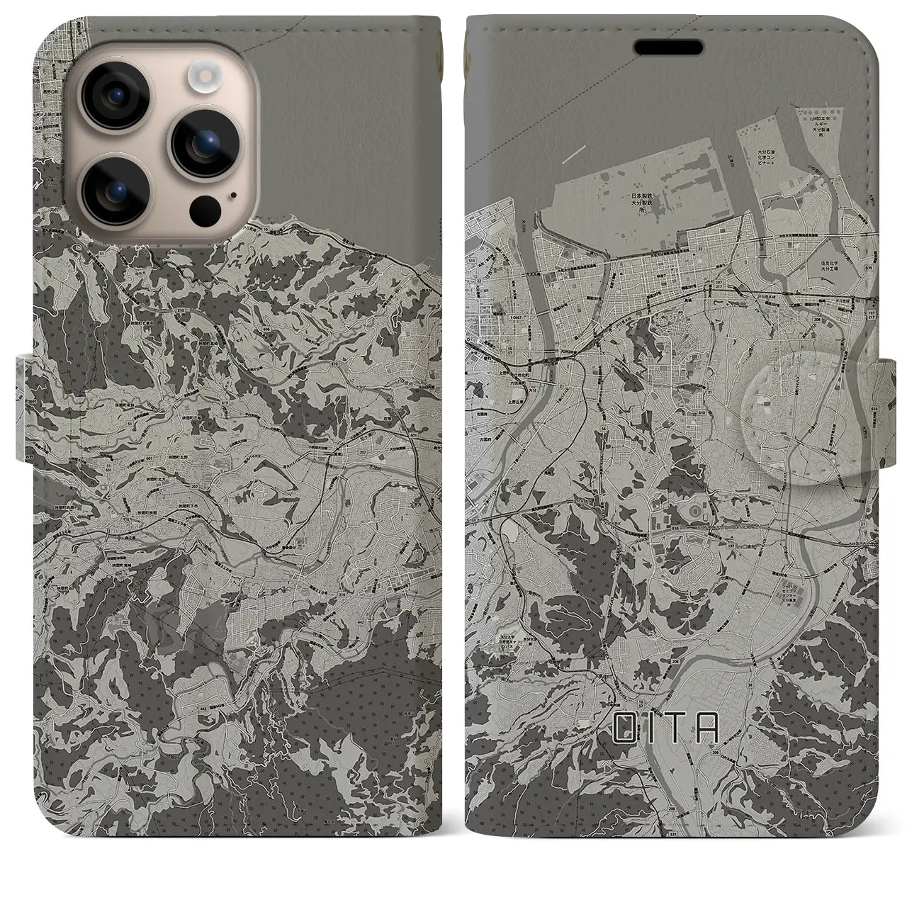 【大分(大分県)】地図柄iPhoneケース(手帳タイプ)モノトーン・iPhone 16 Plus 用