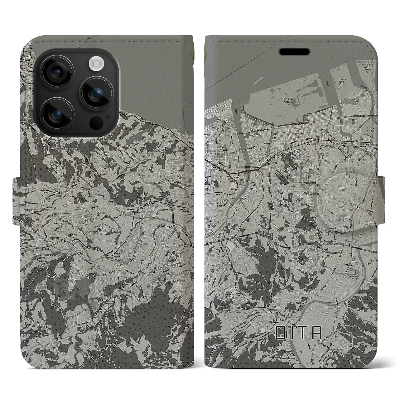 【大分(大分県)】地図柄iPhoneケース(手帳タイプ)モノトーン・iPhone 16 用