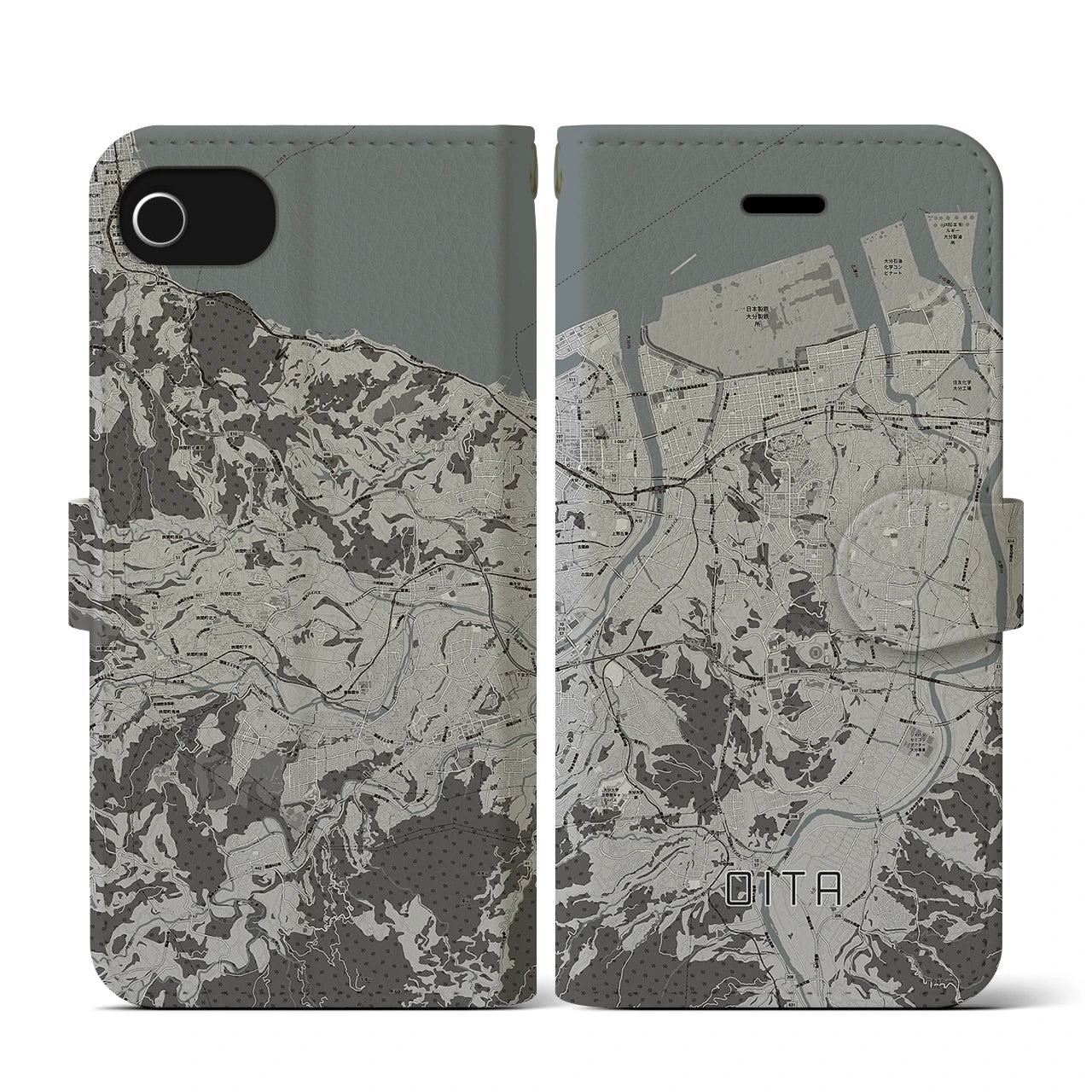 【大分(大分県)】地図柄iPhoneケース(手帳タイプ)モノトーン・iPhone SE(第3 / 第2世代) / 8 / 7 / 6s / 6 用