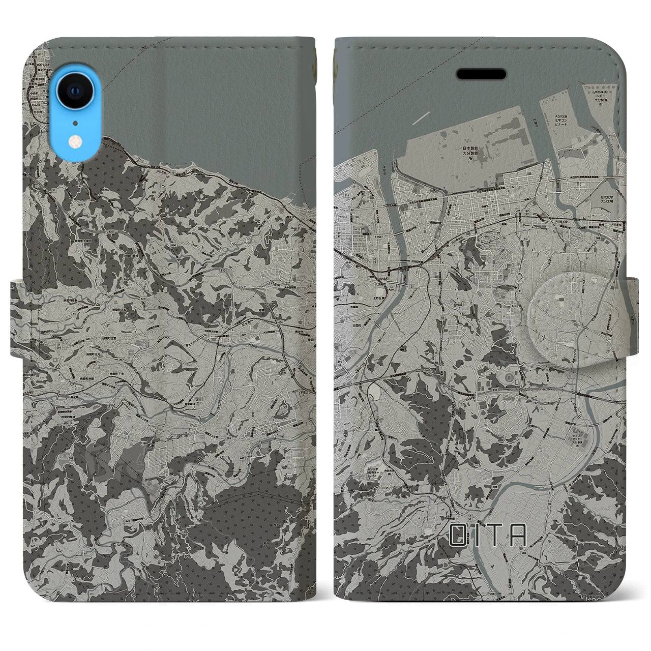 【大分(大分県)】地図柄iPhoneケース(手帳タイプ)モノトーン・iPhone XR 用