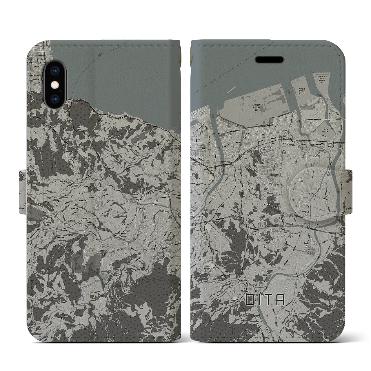 【大分(大分県)】地図柄iPhoneケース(手帳タイプ)モノトーン・iPhone XS / X 用