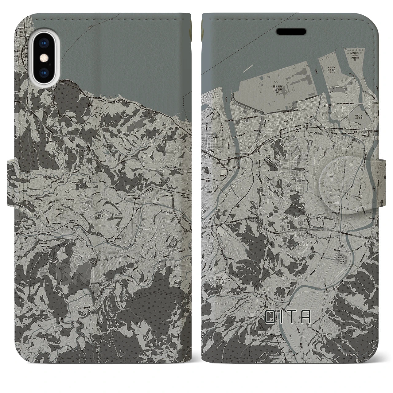 【大分(大分県)】地図柄iPhoneケース(手帳タイプ)モノトーン・iPhone XS Max 用