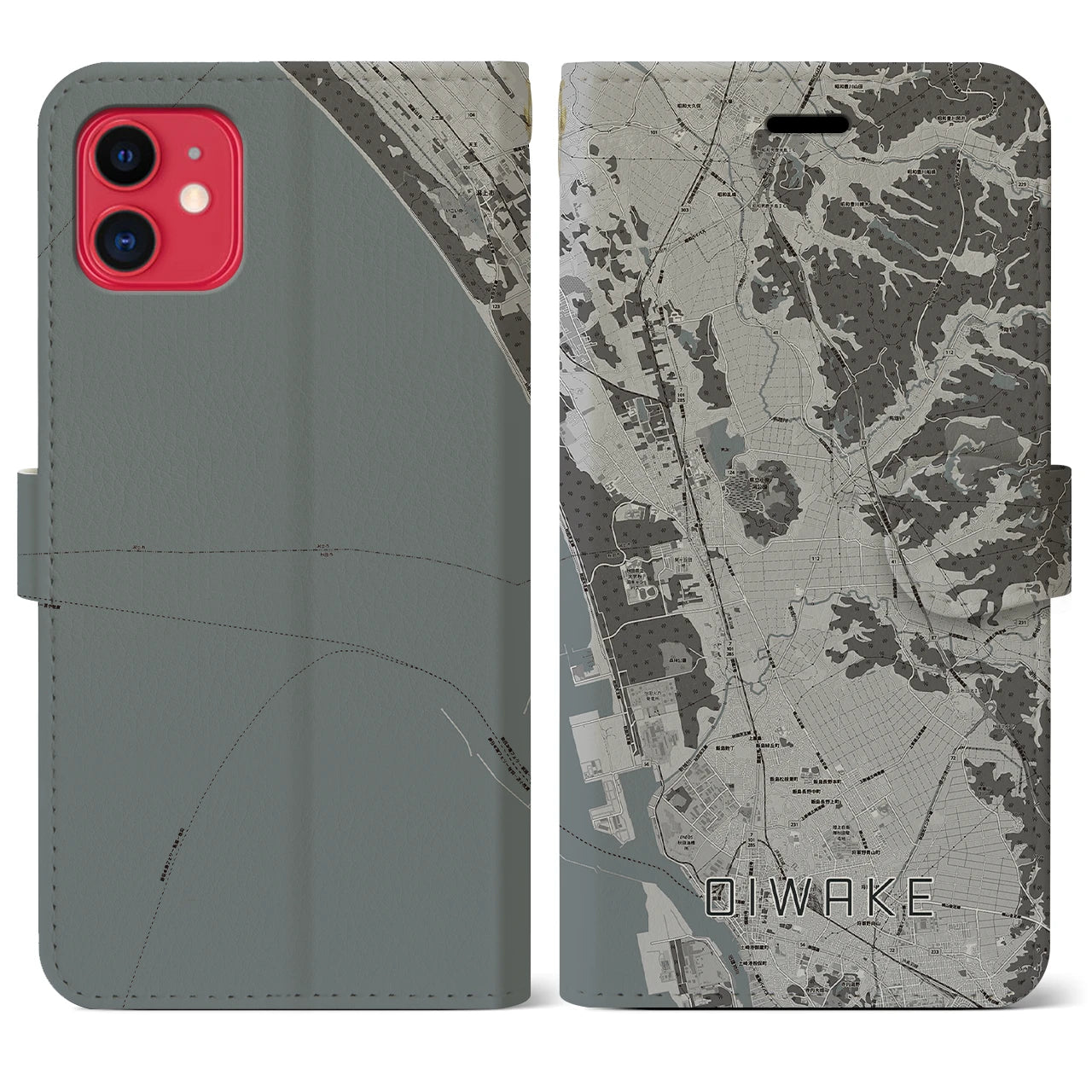 【追分(秋田県)】地図柄iPhoneケース(手帳タイプ)モノトーン・iPhone 11 用