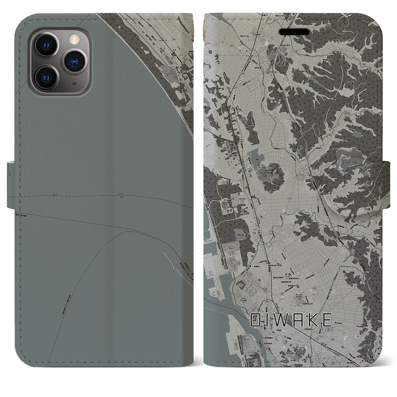【追分(秋田県)】地図柄iPhoneケース(手帳タイプ)モノトーン・iPhone 11 Pro Max 用