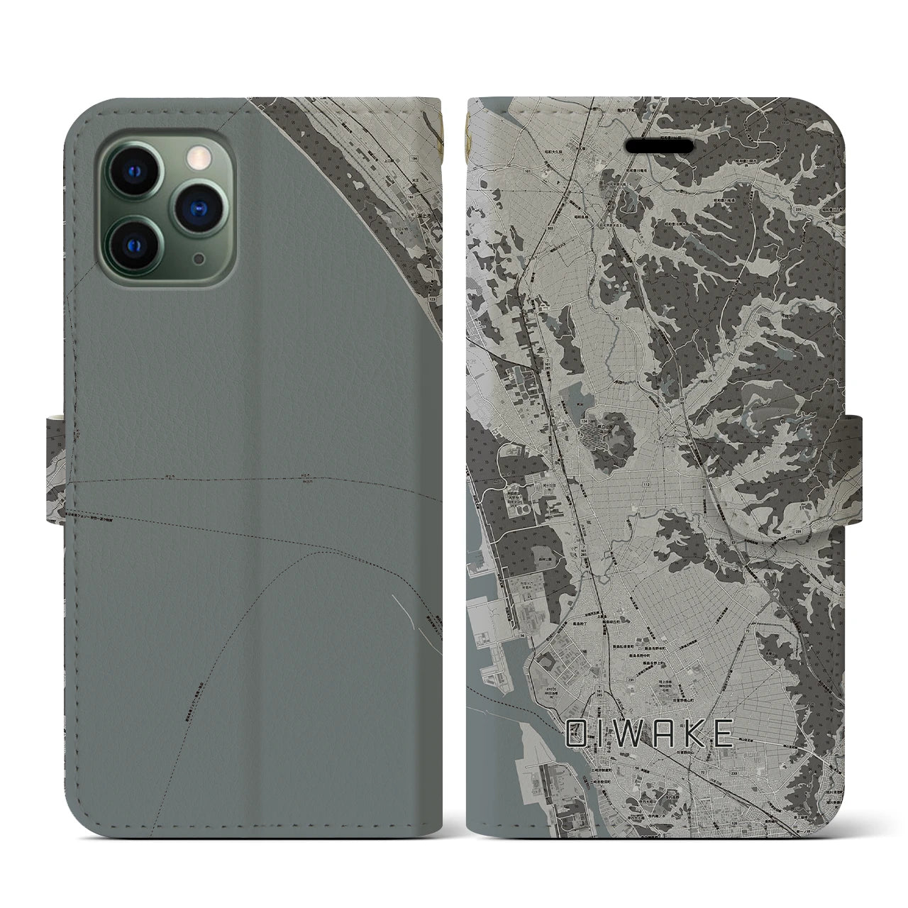 【追分(秋田県)】地図柄iPhoneケース(手帳タイプ)モノトーン・iPhone 11 Pro 用