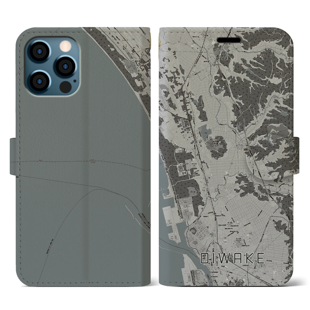 【追分(秋田県)】地図柄iPhoneケース(手帳タイプ)モノトーン・iPhone 12 / 12 Pro 用