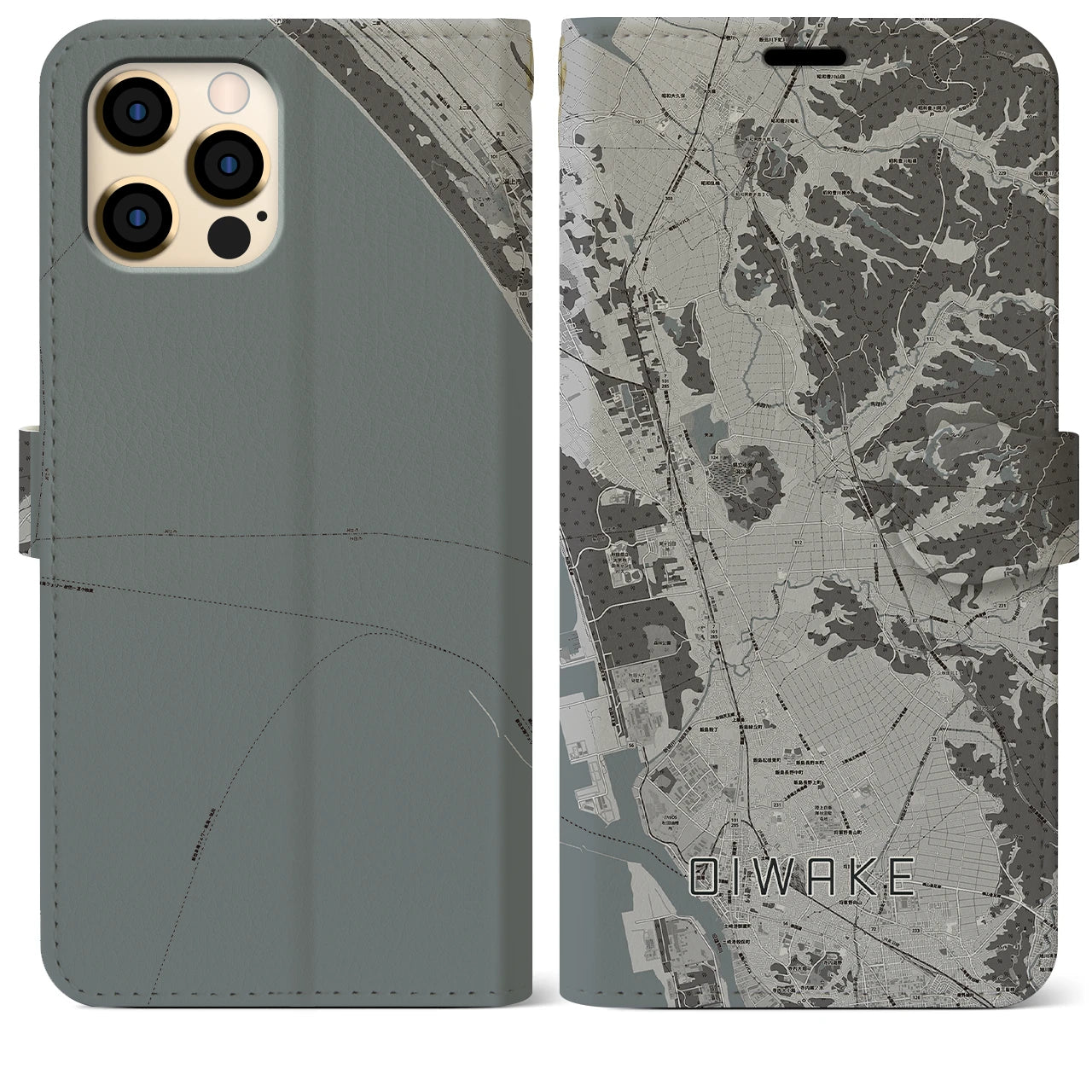 【追分(秋田県)】地図柄iPhoneケース(手帳タイプ)モノトーン・iPhone 12 Pro Max 用