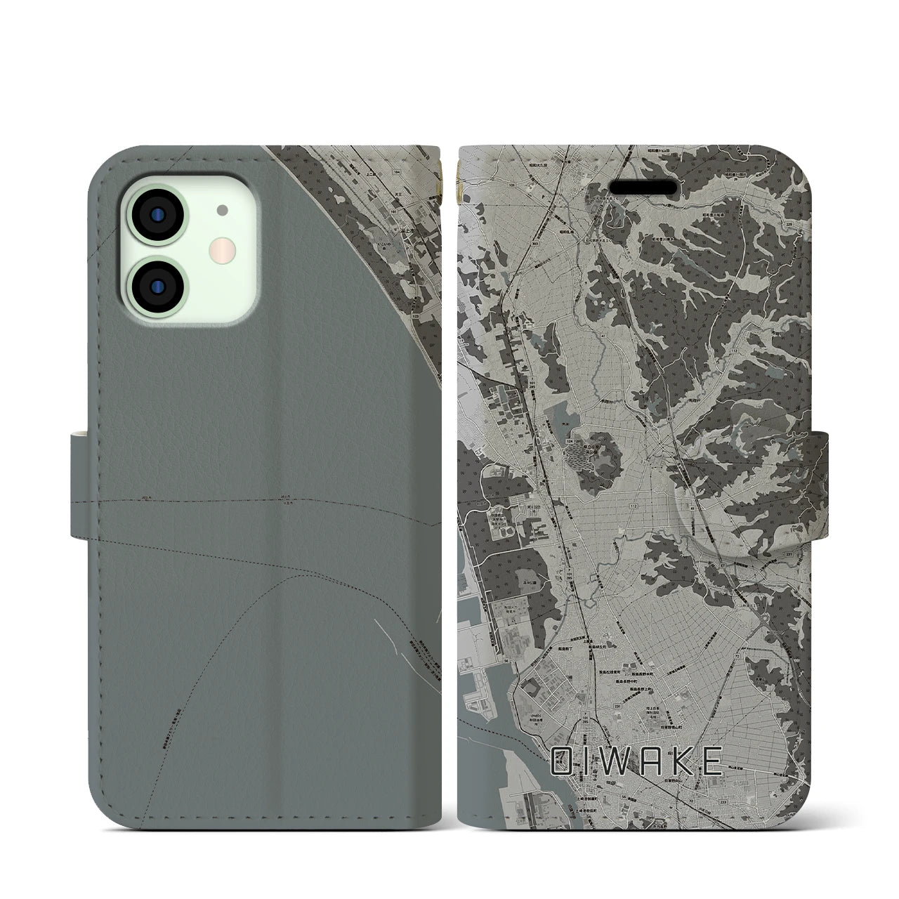 【追分(秋田県)】地図柄iPhoneケース(手帳タイプ)モノトーン・iPhone 12 mini 用