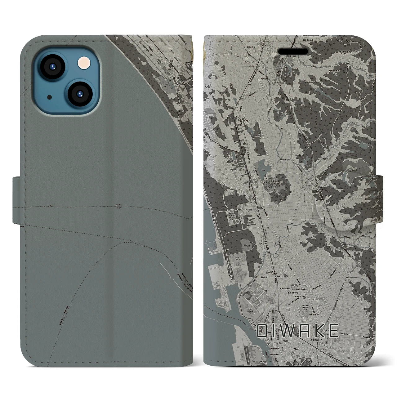 【追分(秋田県)】地図柄iPhoneケース(手帳タイプ)モノトーン・iPhone 13 用