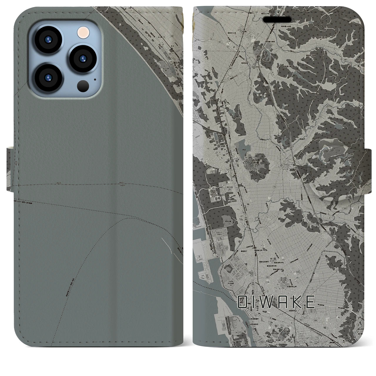 【追分(秋田県)】地図柄iPhoneケース(手帳タイプ)モノトーン・iPhone 13 Pro Max 用
