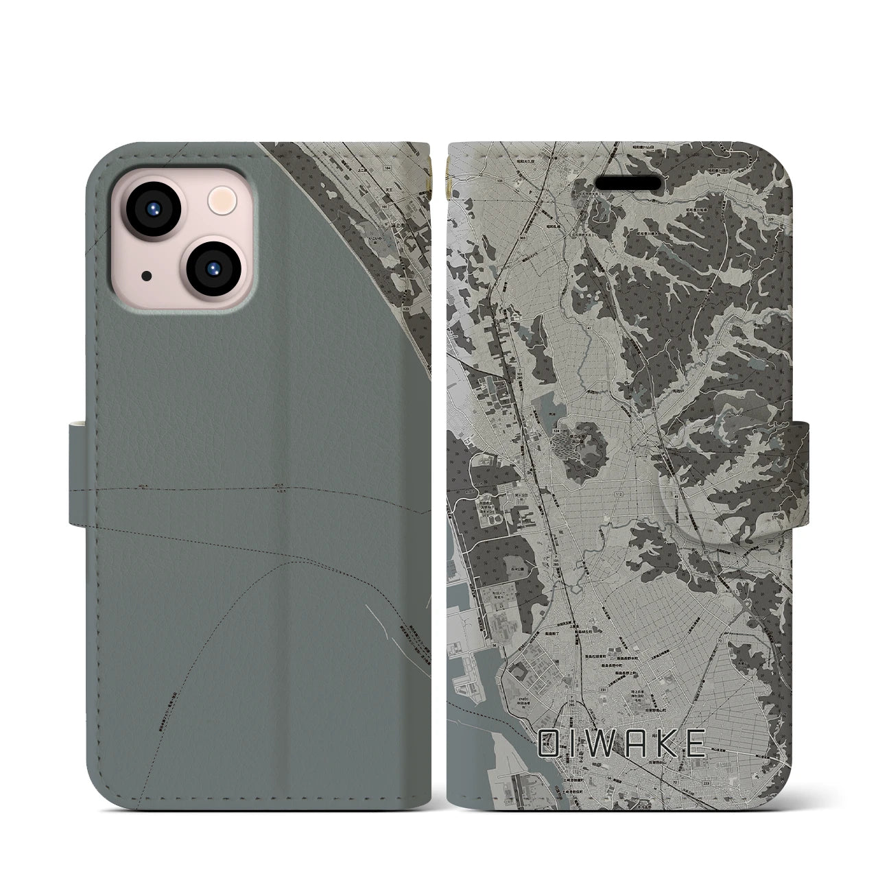 【追分(秋田県)】地図柄iPhoneケース(手帳タイプ)モノトーン・iPhone 13 mini 用