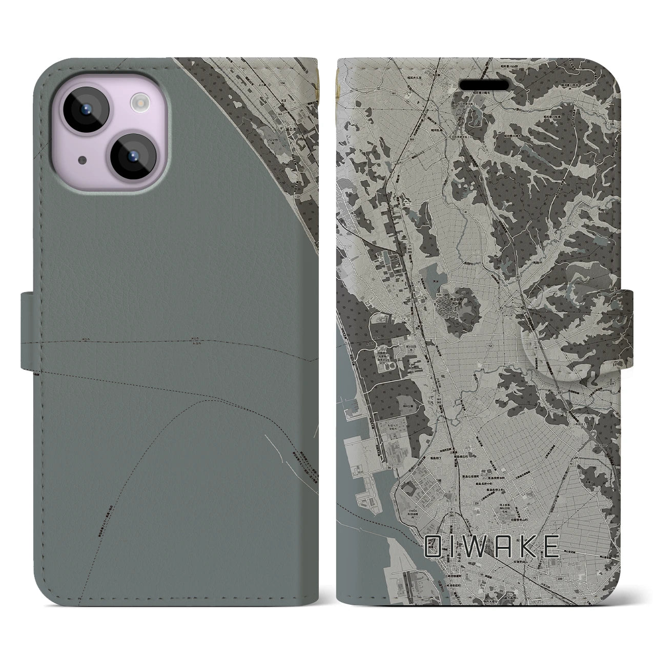 【追分(秋田県)】地図柄iPhoneケース(手帳タイプ)モノトーン・iPhone 14 用