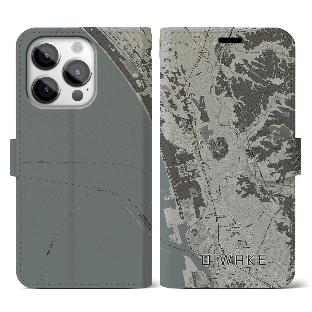 【追分(秋田県)】地図柄iPhoneケース(手帳タイプ)モノトーン・iPhone 14 Pro 用