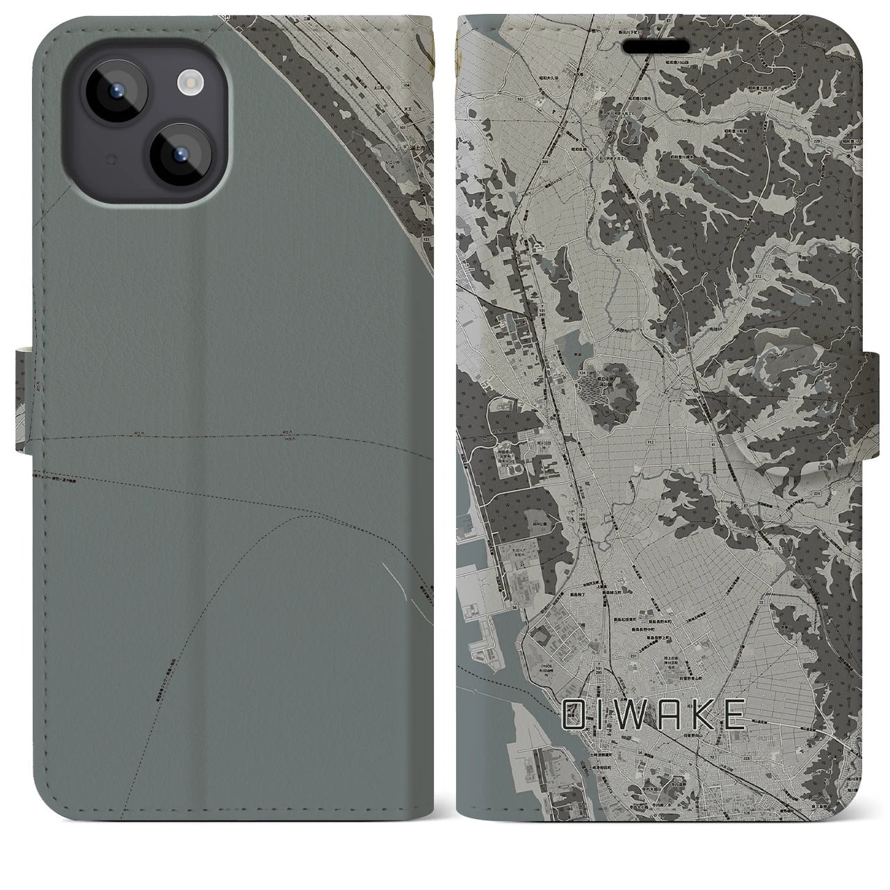 【追分(秋田県)】地図柄iPhoneケース(手帳タイプ)モノトーン・iPhone 14 Plus 用