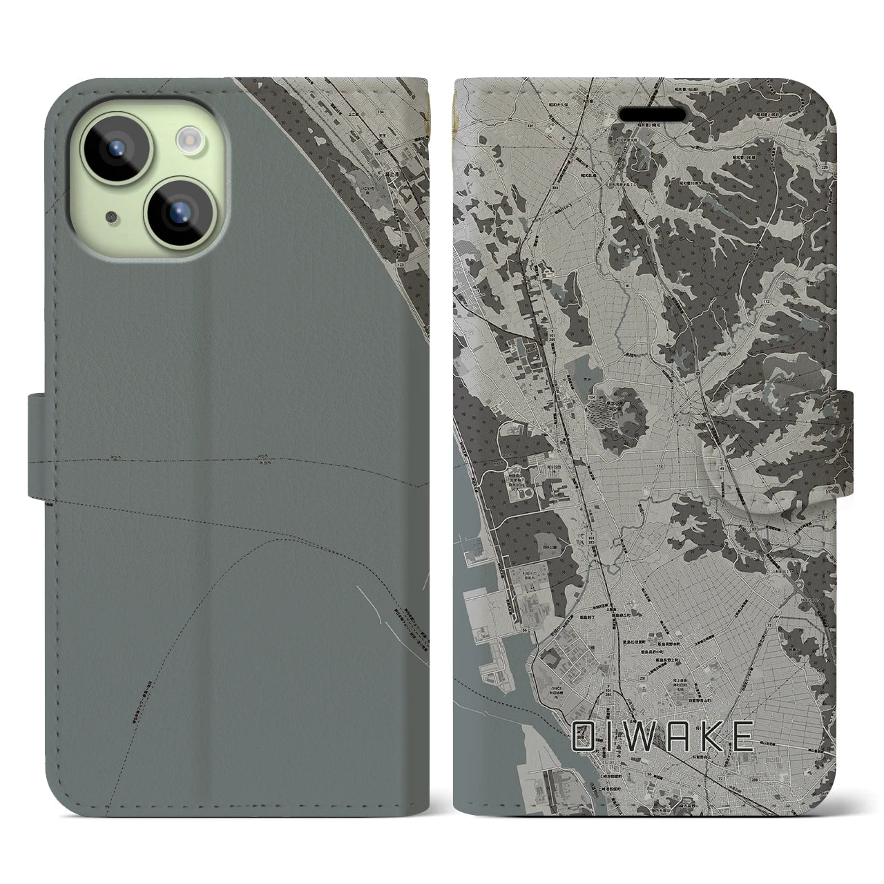 【追分(秋田県)】地図柄iPhoneケース(手帳タイプ)モノトーン・iPhone 15 用
