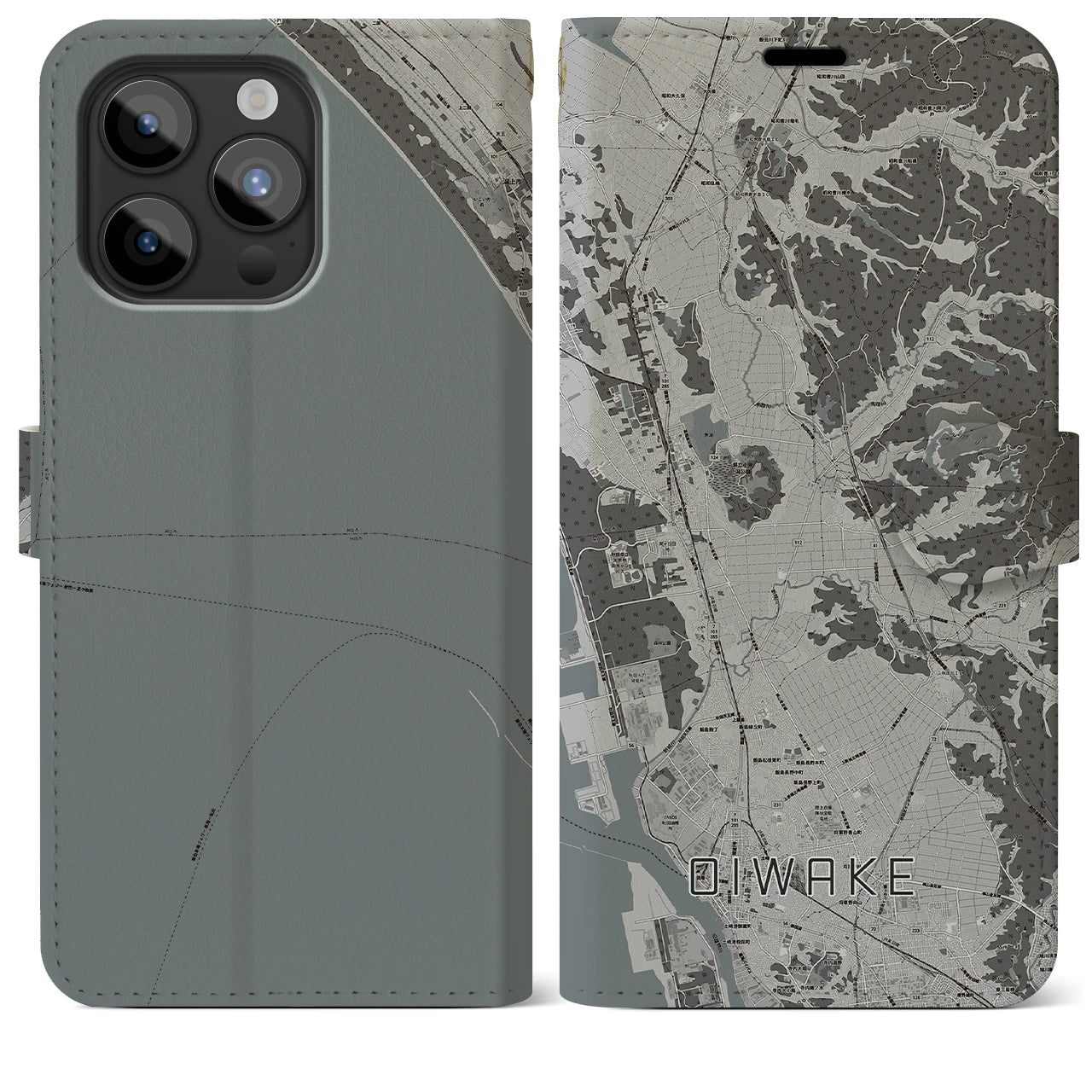 【追分(秋田県)】地図柄iPhoneケース(手帳タイプ)モノトーン・iPhone 15 Pro Max 用